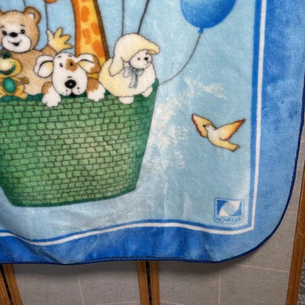Vintage NovaTex Baby Blanket‎ Hot Air Balloon Nursery Animals Zoo Clouds 43 X 51